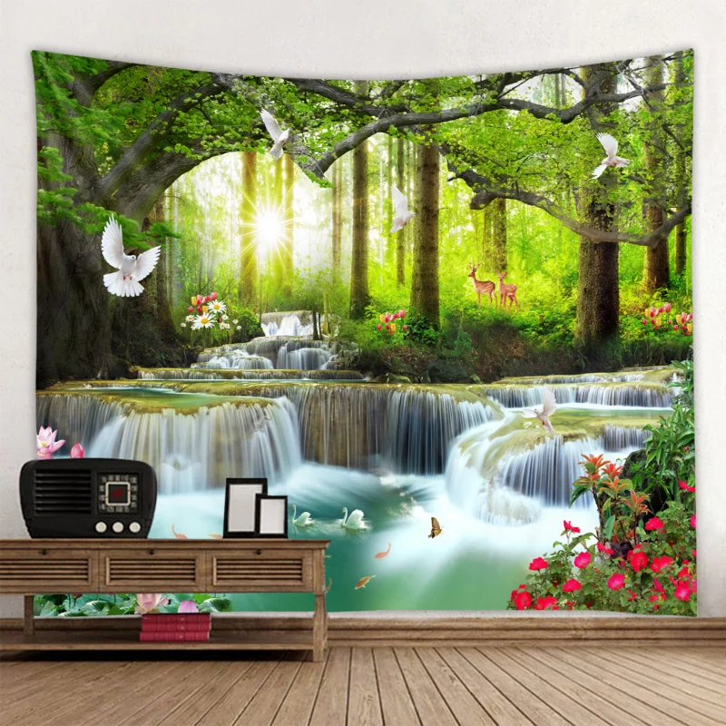 Beautiful natural forest waterfall printed large wall tapestry sea view hippie wall tapestry bohemian mandala tapestry decor