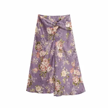 

PSEEWE 2020 Women Vintage Floral Printed Satin Finish Midi ZA Skirts Fashion Front Knot Hem Vent Invisible Back Zip Split Skirt