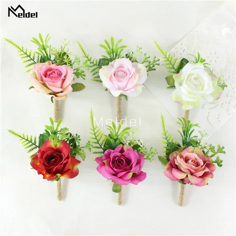Meldel Boutonniere and Wrist Corsage Artificial Flower Silk Rose Pink Wedding Girl Bracelet Men Brooch Pins Groom |