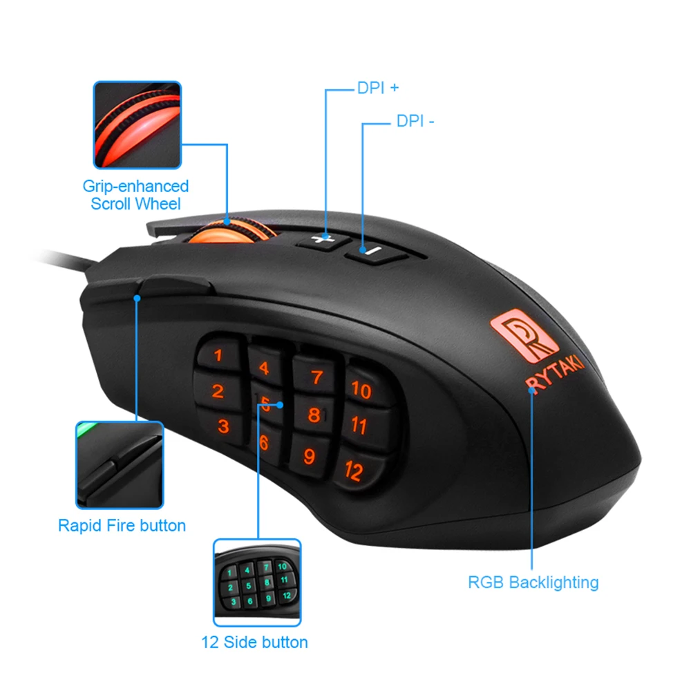 Rocketek Проводная игровая мышь USB 16400 dpi 16 кнопок лазерная программируемая игровая мышь с подсветкой эргономичная для ноутбука