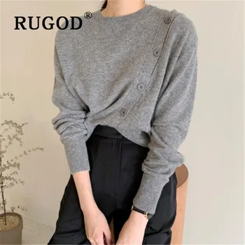 

RUGOD korean new autumn solid sweater pullovers o neck irregular button loose knitted pull fashion female casual korean tops