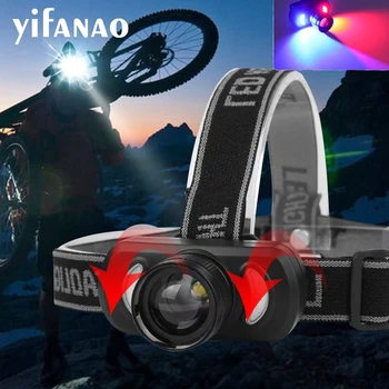

Fishing Camping LED Headlamp USB Bike Headlight Portable Red Blue White Light Waterproof Headlamp Built-in 18650 With Bycle Clip