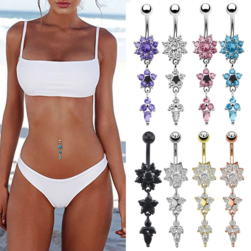 

Hot Sexy Dangled Belly Button Rings 10 Colors Flower Navel Piercing Ombligo Women Earrings Piercing Body Jewelry Stainless Steel