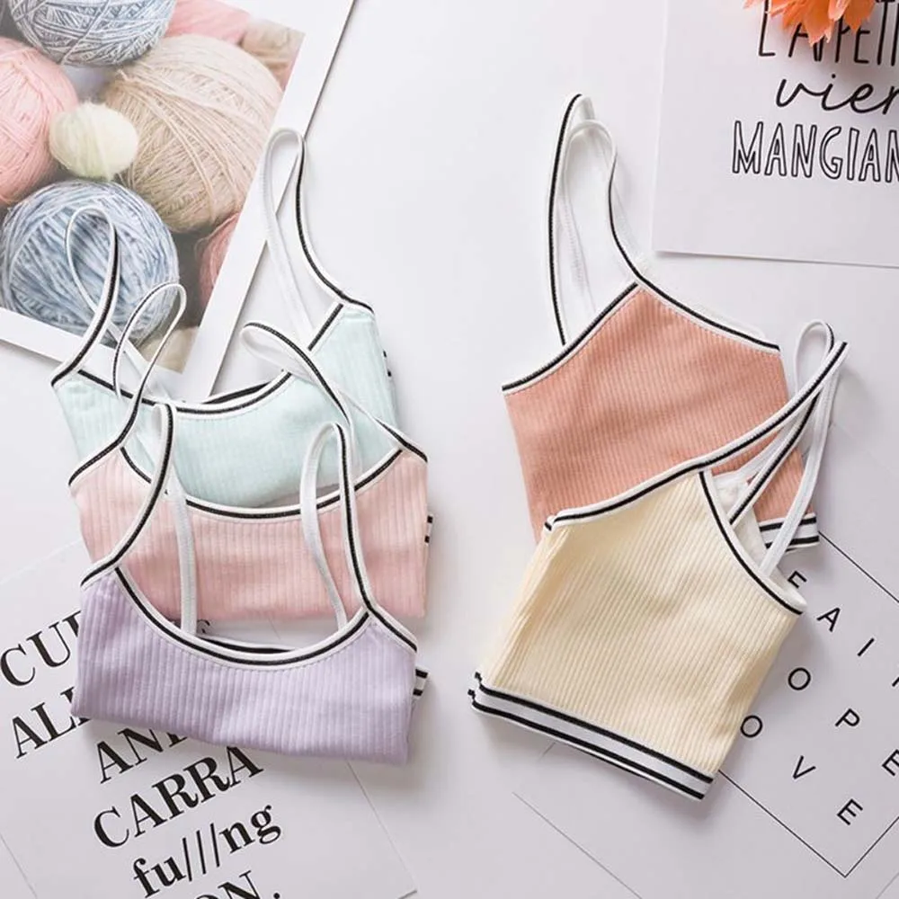 1PC Teenage Puberty Girl Sweet Candy Color Bra Underwear Striped Patchwork Thread Ribbed Wireless Bralette Vest