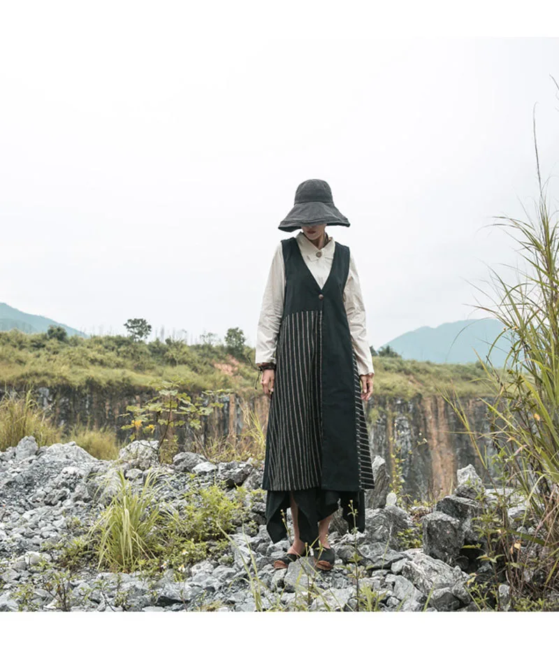 JINGRUI Autumn New Literary Women's Long Cotton and Linen Loose Cardigan Vest Coast
