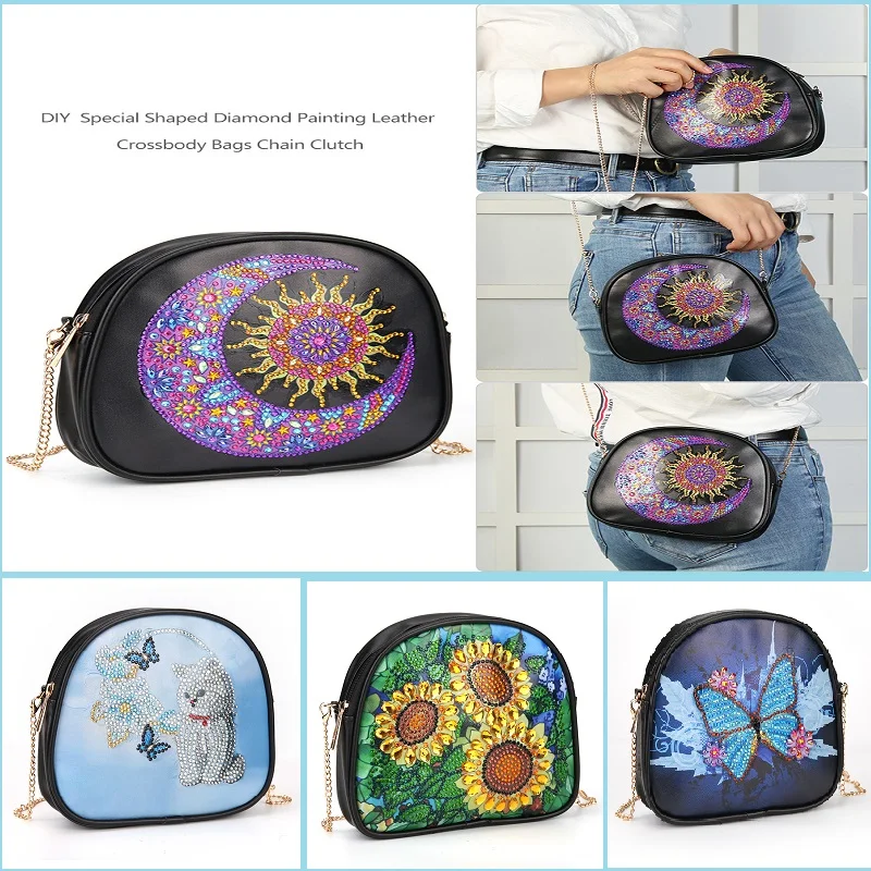 5D Diamond Painting Butterfly Flower Cute Cat Leather Crossbody Chain Bags DIY Diamond Embroidery Bag Purse Pouch