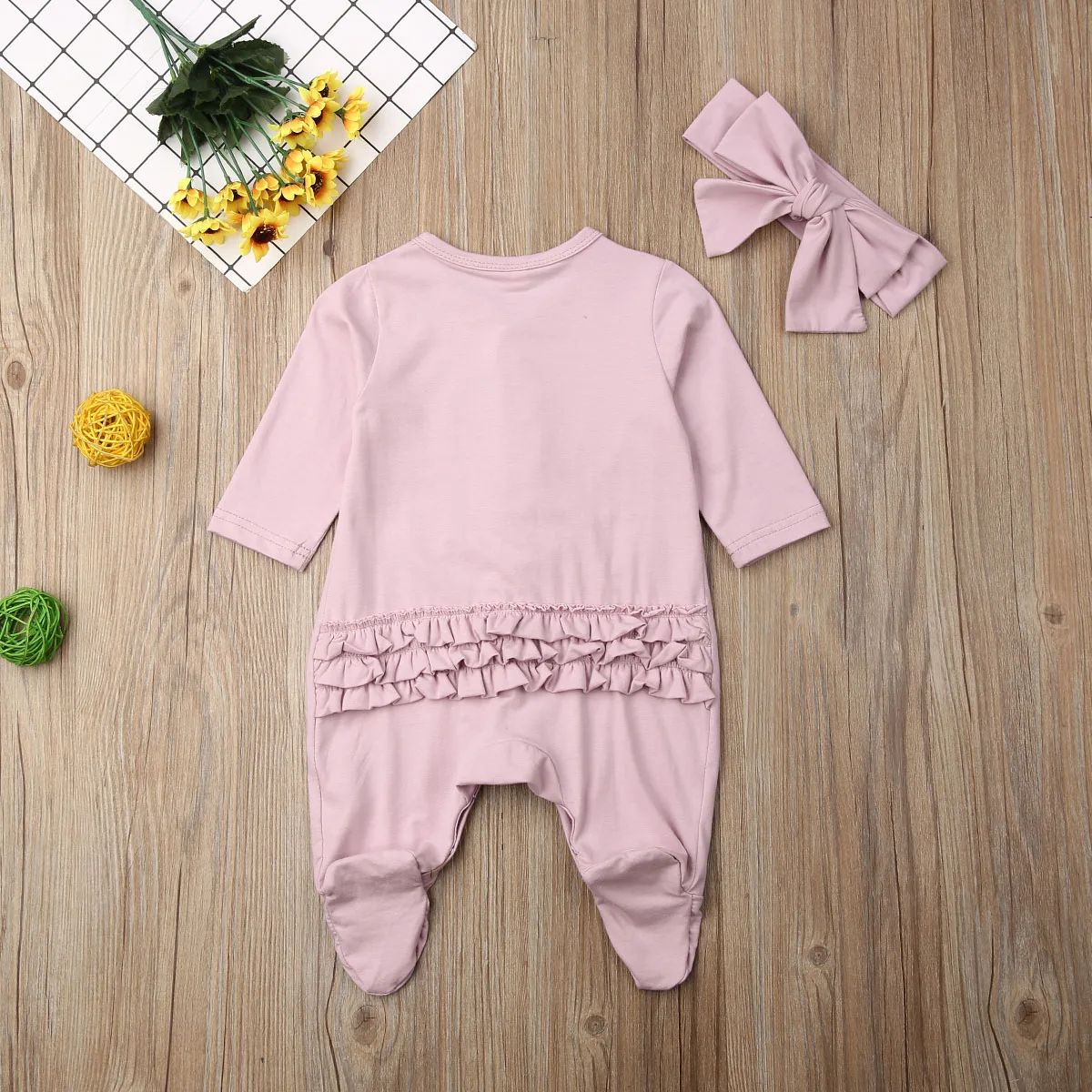 Baby Spring Autumn Clothing Infant Baby Boy Girl Long Sleeve Footies Ruffled Sleepwear Pyjamas Headband 2Pcs Sets Clothes