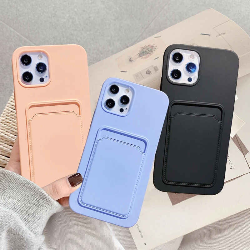 Wallet Card slot silicone Case for iphone 11 11Pro Max 12 12Pro Max X XR XS Max SE2020 7 8 Plus solid color case back cover