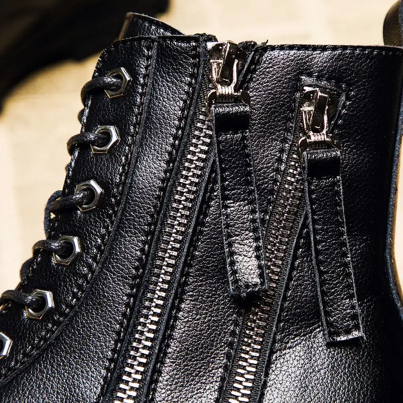 RIZABINA/ботильоны; женская обувь из натуральной кожи с круглым носком; обувь на Плоском Каблуке со шнуровкой и молнией в стиле панк; Цвет Черный; обувь в готическом стиле; женская обувь; Размеры 35-40