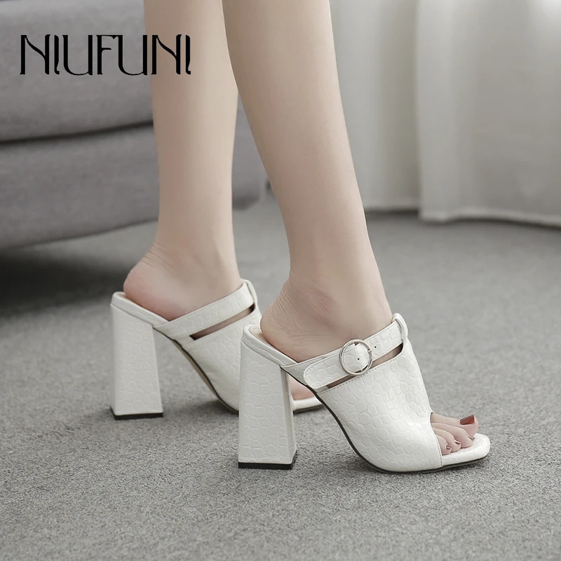 

Square Peep Toe Women's Sandals Slippers Buckle Solid Color Shallow Ladies Slides High Heels Casual Women's Shoes Size 35-40
