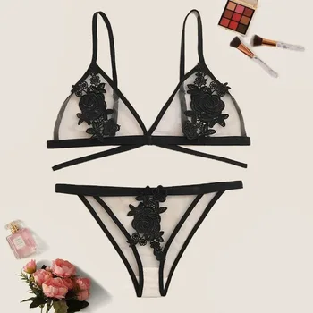 

Sexy mesh embroidery lingerie deep V babydoll temptation three-point embroidery erotic underwear costumes set