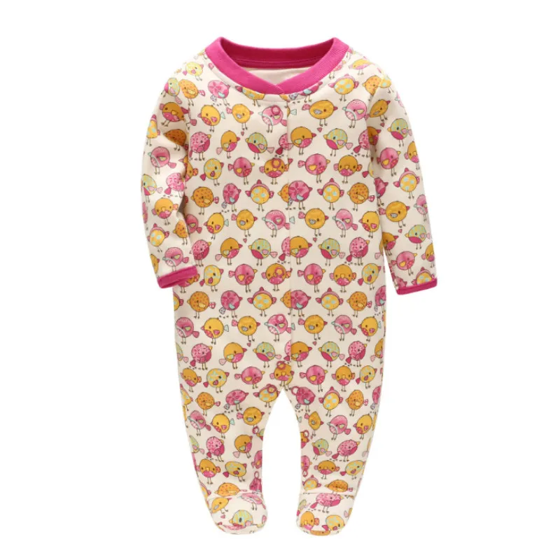 

Picturesque Childhood Newborn Baby colorized birds Print Footies Cotton with Buttons Clothes Infant Casual Outfits