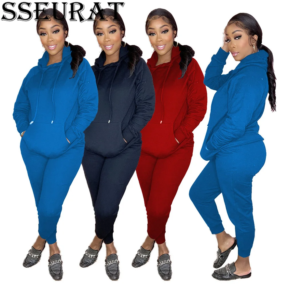 SSEURAT Winter Tracksuit Women 2 Piece Set Solid Hoodies+Pants Sportwear Suit Female Clothes |