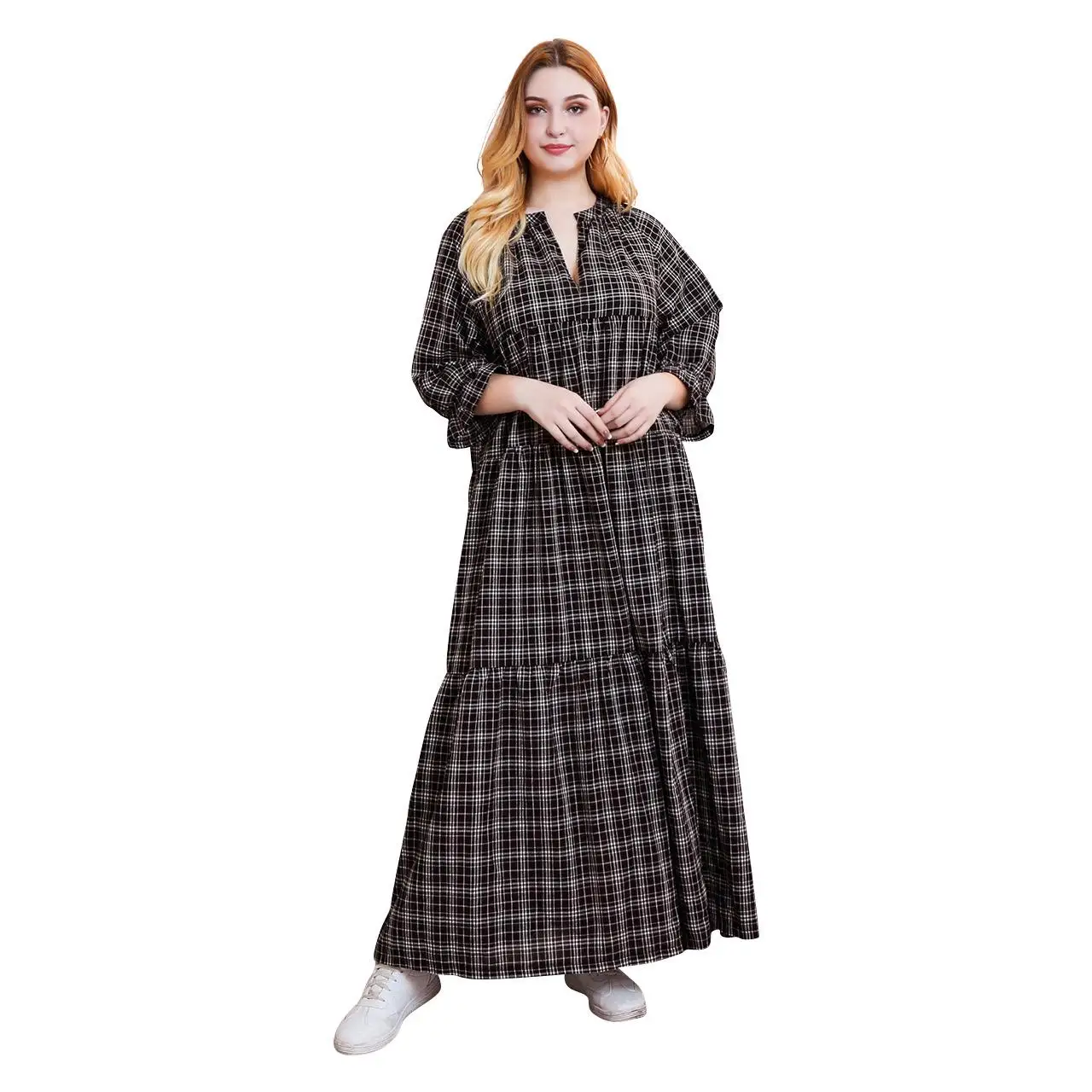 4XL ТРАПЕЦИЕВИДНОЕ длинное платье макси большого размера женское зимнее платье Элегантное повседневное платье в клетку винтажное свободное платье размера плюс большие платья vestidos
