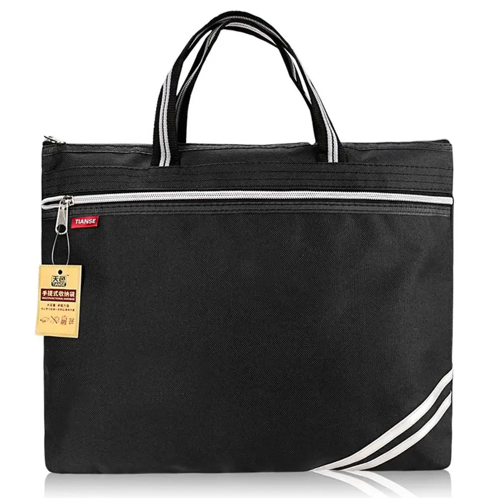 Black TIANSE Oxford Cloth Briefcase Business Men Ladies Portable Zipper PU Leather File Bag Double Deck Data Package - Цвет: Black