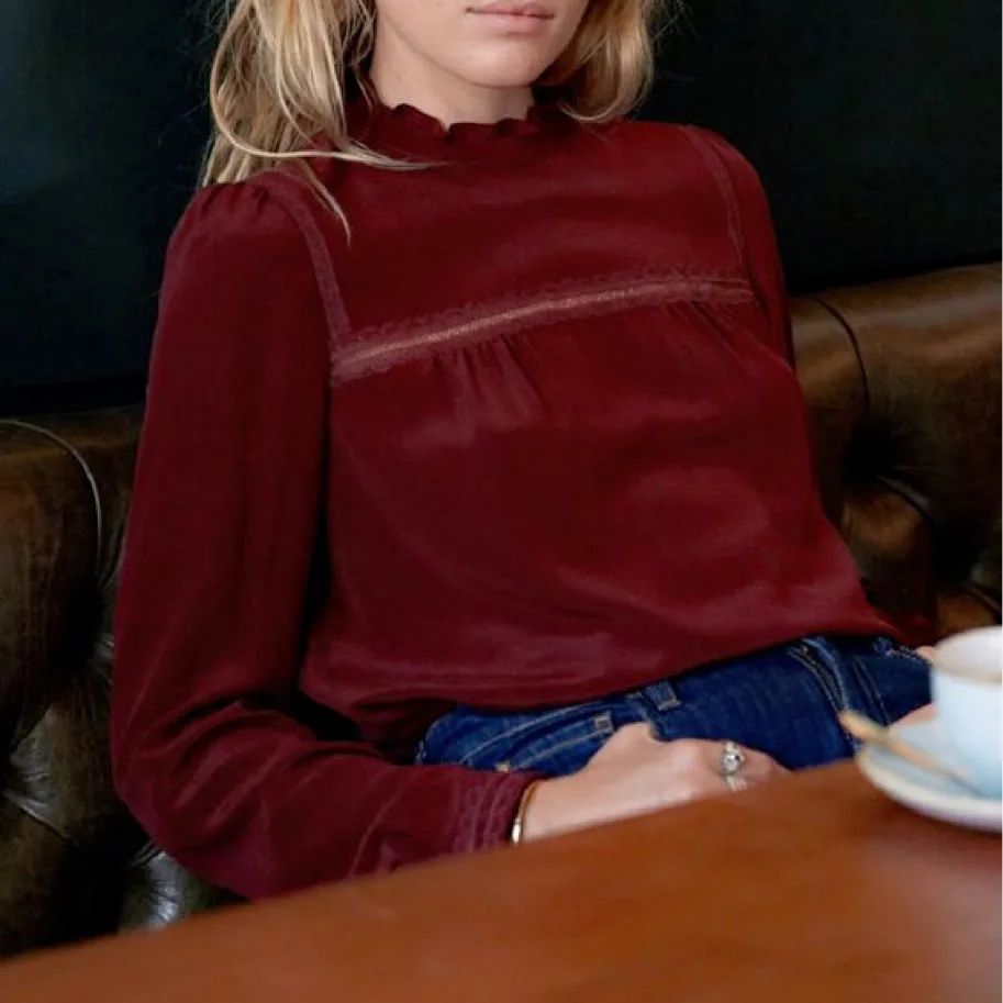 

High Version Ladies Silk 100% White/Burgundy/Dark Green Blouse Top With Ruffled & Back With Buttoned & Lace Patchwork Detail