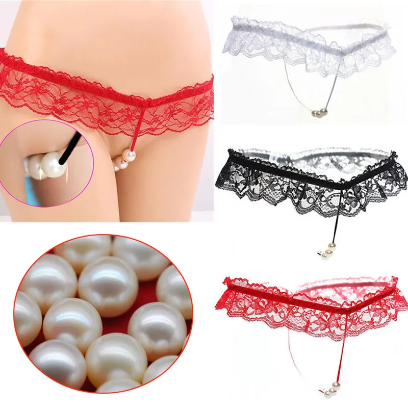Spandex Female Sexy Pearl G-string Panties Lace Open Crotch Transparent Erotic Bead Massage Sex Lingerie Accessories |