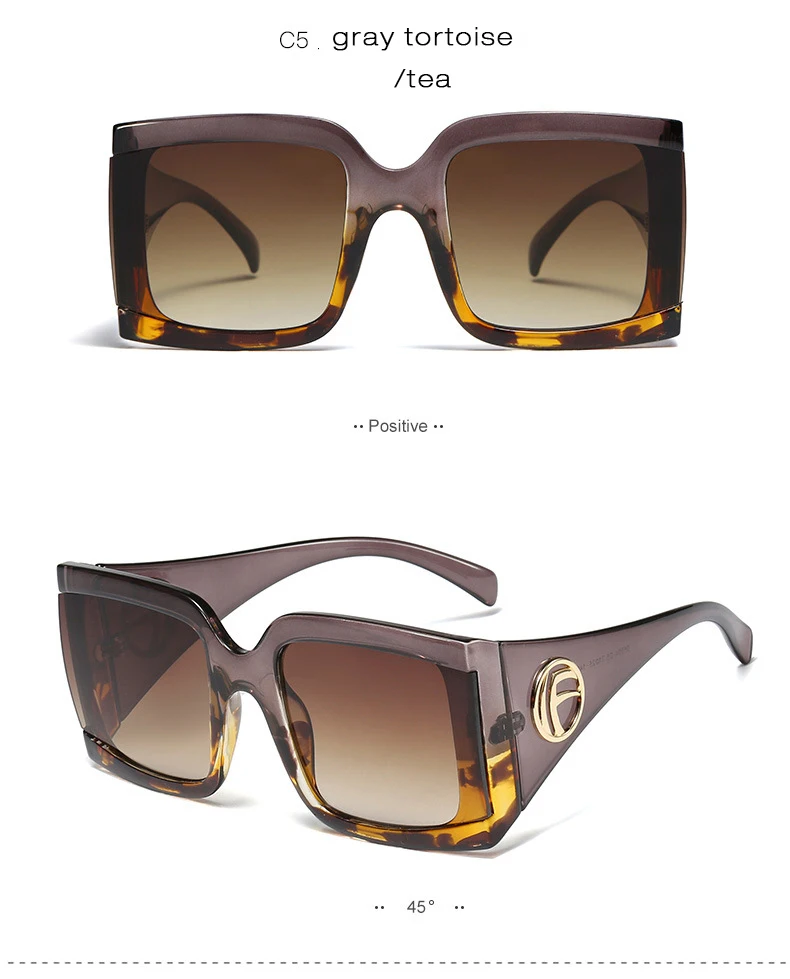Женские солнцезащитные очки больших размеров,, фирменный дизайн, Ретро стиль, Большая квадратная оправа, черная черепаховая оболочка, 90 s, солнцезащитные очки, S124 - Цвет линз: C5