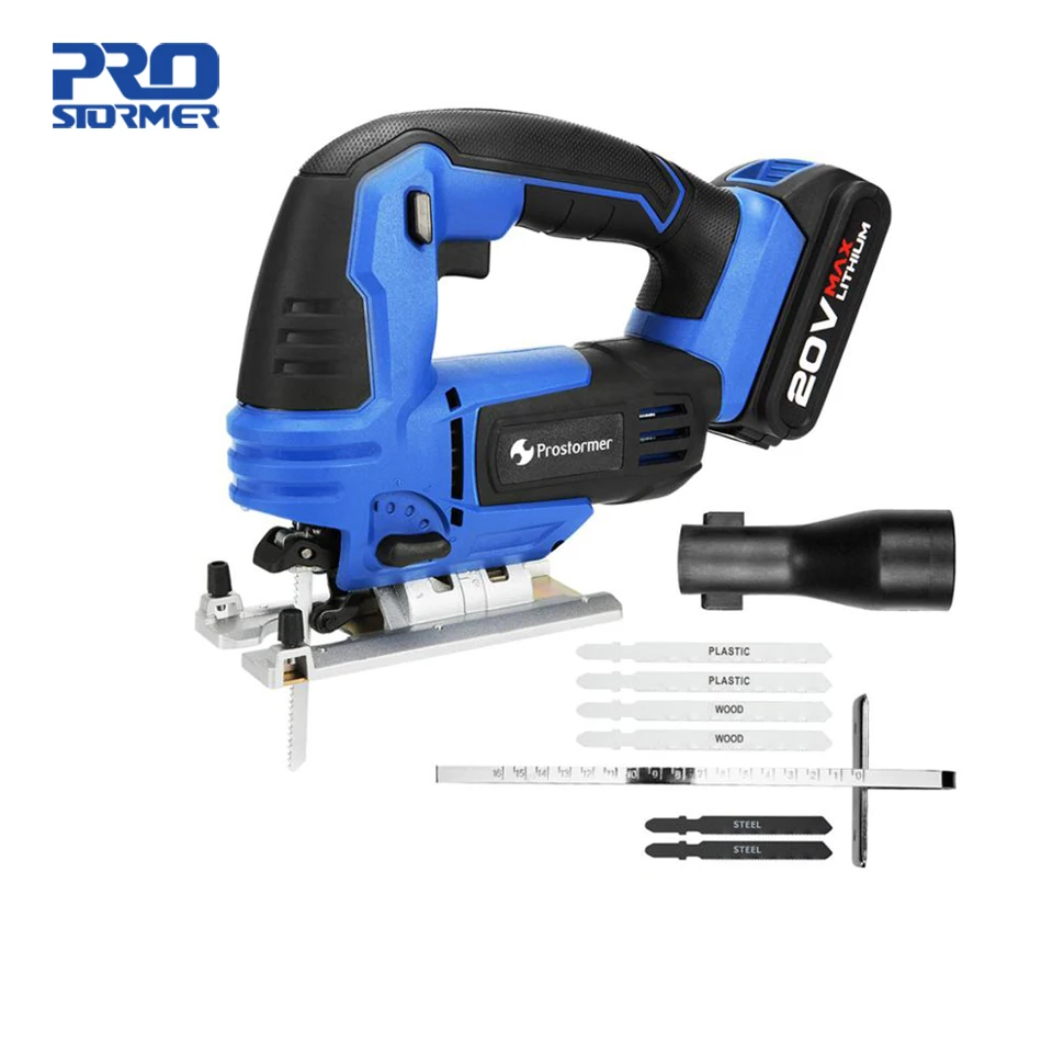 

PROSTORMER 20V Jig Saw Adjustable Speed Electric Saw with 6 Pieces Blades,Multi-angle Jig saw LED Light Guide for Woodworking