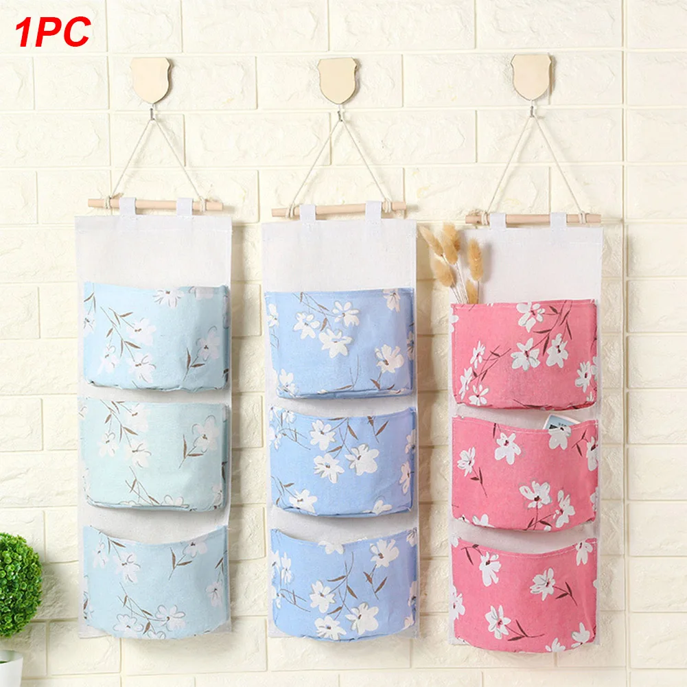 Hanging Pockets Wall Pouch Floral Practical Cotton Linen Toys Organizer Storage Bag Moisture Proof Bedroom 3 Grid Bathroom