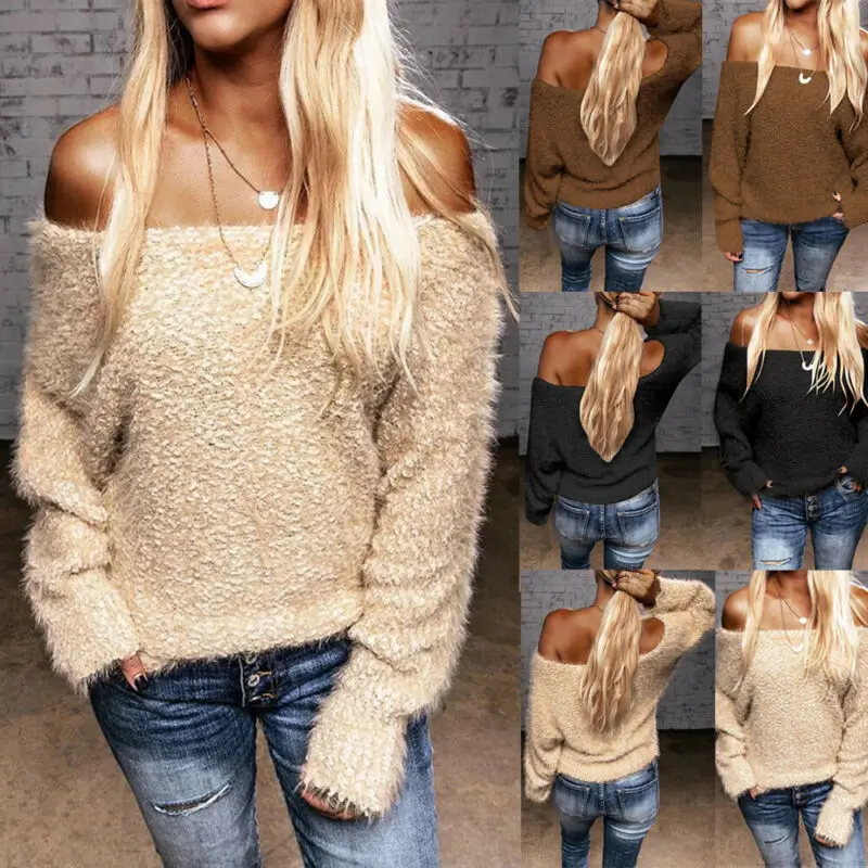 Women Long Sleeve Off-Shoulder Knitted Pullovers Sweater Cold Shoulder Plain Color Sweater