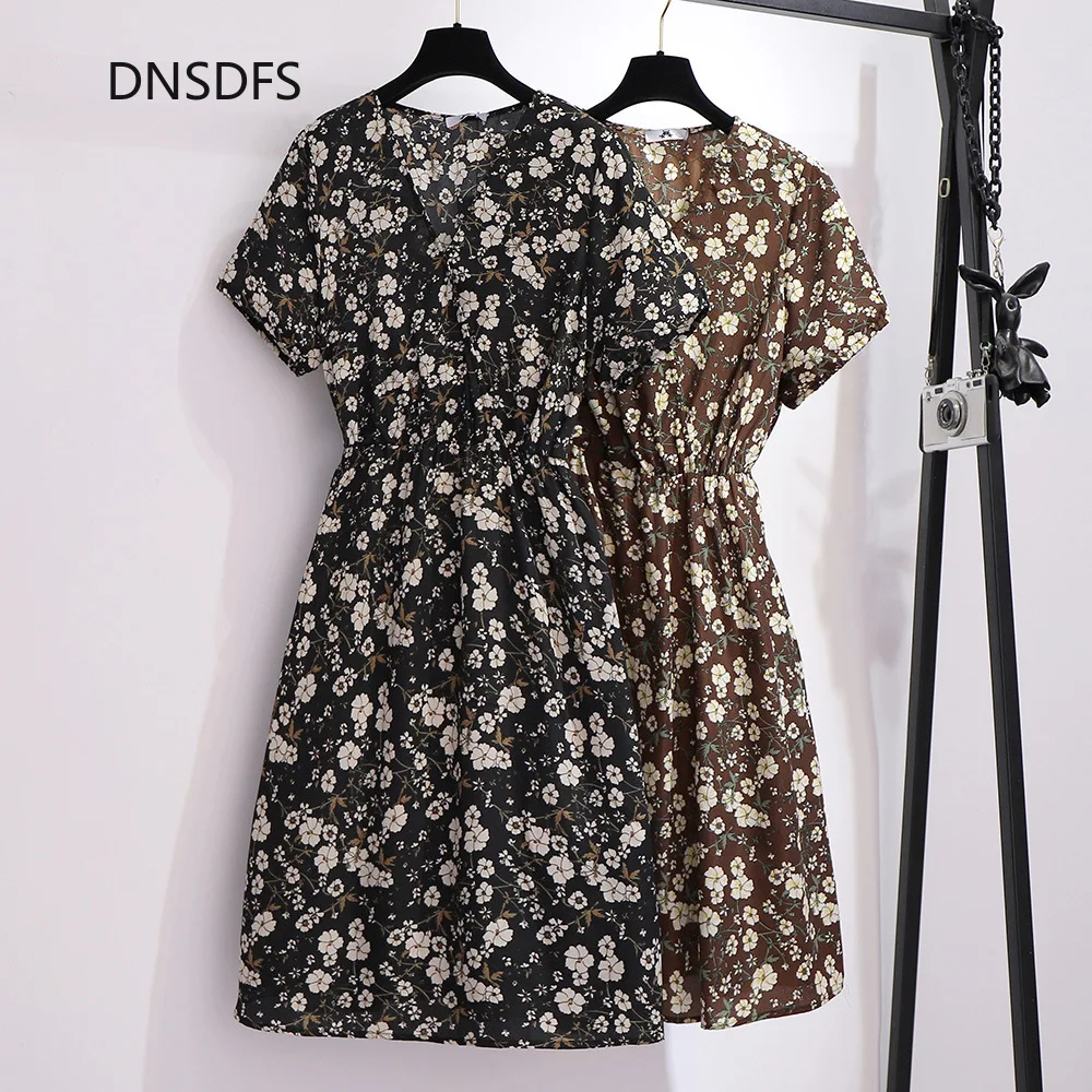 Dress Women V-Neck Floral-Print Vintage Big-Sizes Casual Summer 6XL Chiffon Oversize