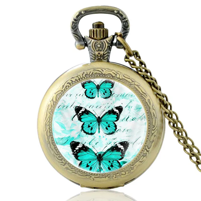 

Classic Cyan Butterfly Bronze Vintage Quartz Pocket Watch Charm Men Women Pendant Necklace Hours Clock Gifts