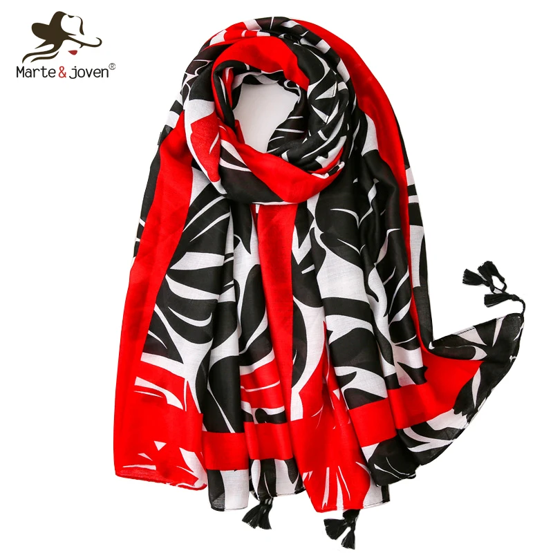 

Marte&Joven Fashion Leaves Print Black Scarf for Women Soft Red Striped Summer Beach Pashmina Female Winter Warm Wrap Stole