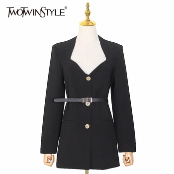 

TWOTWINSTYLE Elegant Female Dress Irregular Neck Long Sleeve High Waist With Sashes Dresses For Women Summer Fashion Tide 2020