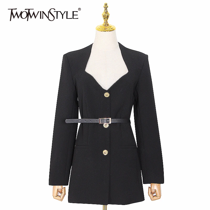 TWOTWINSTYLE Elegant Female Dress Irregular Neck Long Sleeve High Waist With Sashes Dresses For Women Summer Fashion Tide 2020 TWOTWINSTYLE Elegant Female Dress Irregular Neck Long Sleeve High Waist With Sashes Dresses For Women Summer Fashion Tide 2020