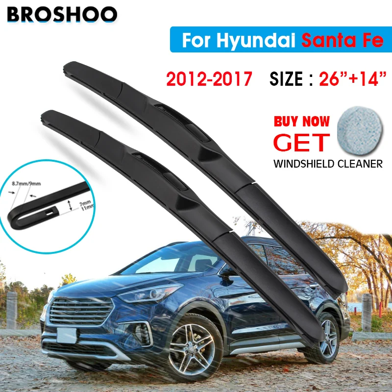 

Car Wiper Blade For Hyundai Santa Fe 26"+14" 2012-2017 Auto Windscreen Windshield Wipers Blades Window Wash Fit U Hook Arms