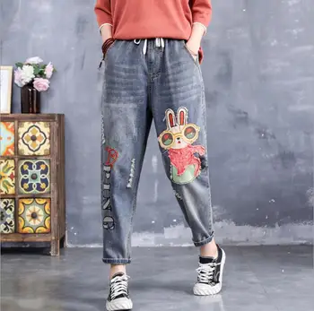 

Women's Denim Pants Cartoon Appliques Embroidery Pockets Jeans Girl 2020 Spring Autumn Elastic waist Streetwear trousers w570