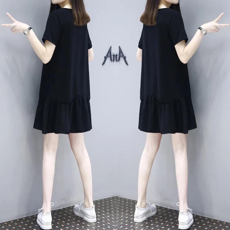 

2019 Ozhouzhan Dress Women's Summer New Style Korean-style Fashion V-neck Large Size Mid-length Loose-Fit Slimming A- line Skirt
