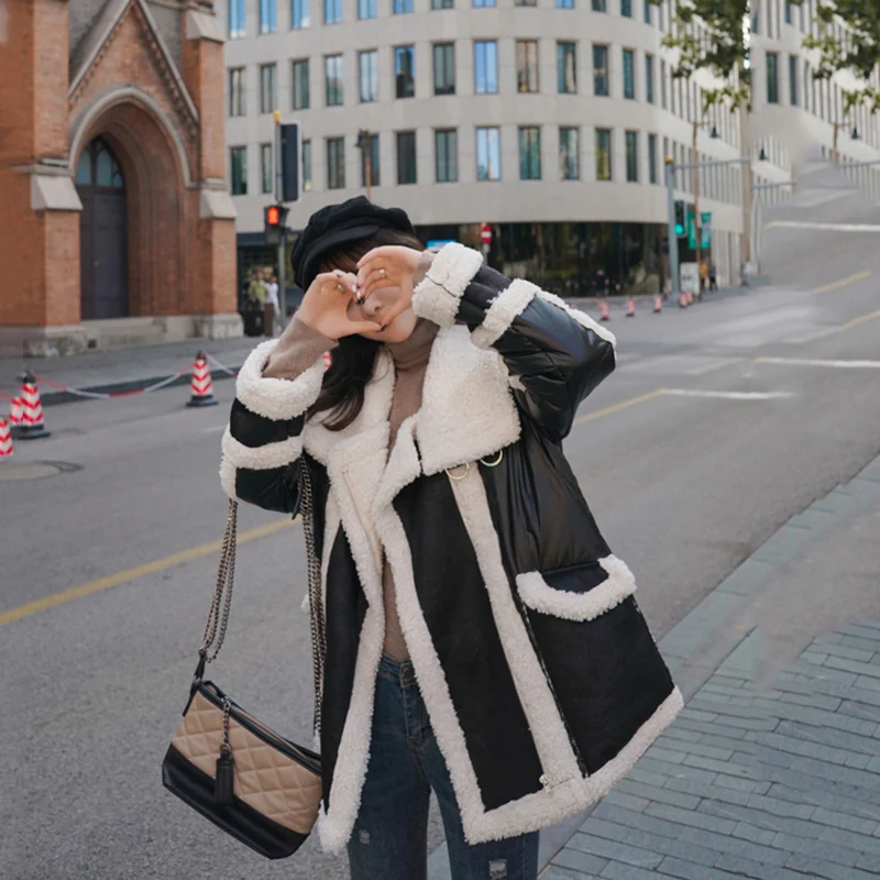 New Women Silver Jacket Lambswool Fur one Down Jackets Fashion Glossy Stand Collar Cotton Coat Women Winter Warm Outerwear