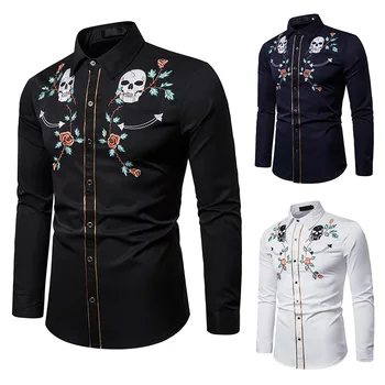 

2019 New Men Western Cowboy Skull Flower Embroidery Shirt Slim Fit Casual Long Sleeve Button Down Party Shirt Male Eu Size S-XXL