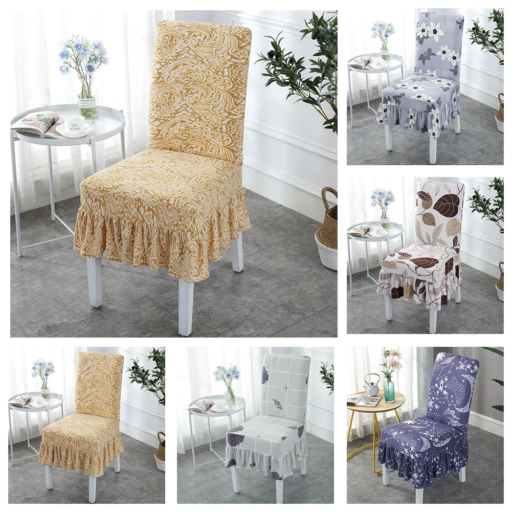 Flounced Coverings Ruffled Hem Dining Chair Cover Wedding Party Floral Printing Modern Elastic Super Stretch Kitchen Seat Case