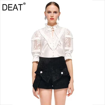 

DEAT 2020 new stand collar organza ruffles pleated lace hollow out sexy short shirt female office lady blouse WK71900L