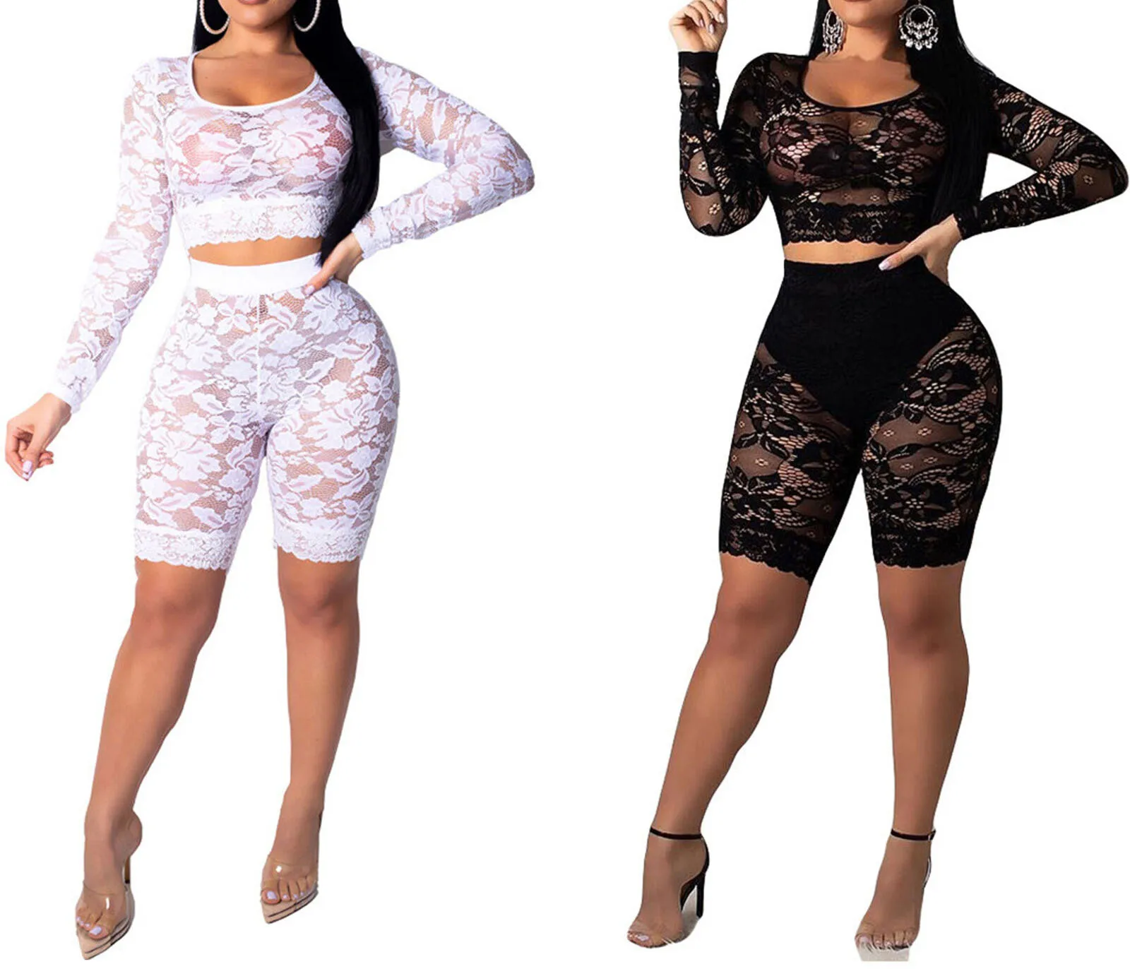 

Womens Ladies Sexy Lace Long Sleeve Vest Top+Legging Pants Outfit Outwear Set Bikini Cover Up Lace Mesh See-Through Beachwear
