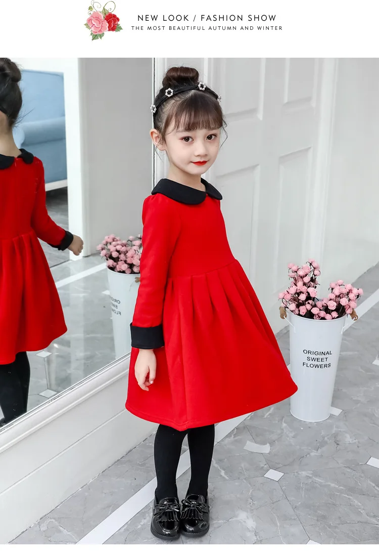Детское вельветовое платье с длинными рукавами Классические Теплые красные плиссированные платья принцессы на Рождество и год повседневные платья для школьников от 2 до 10 лет