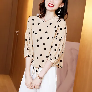 

Summer Polka Dot Silk Shirts 2020 New Style Fashion Printed Crew Neck Three-quarter-length Sleeve Lace-up Mulberry Silk Loose To