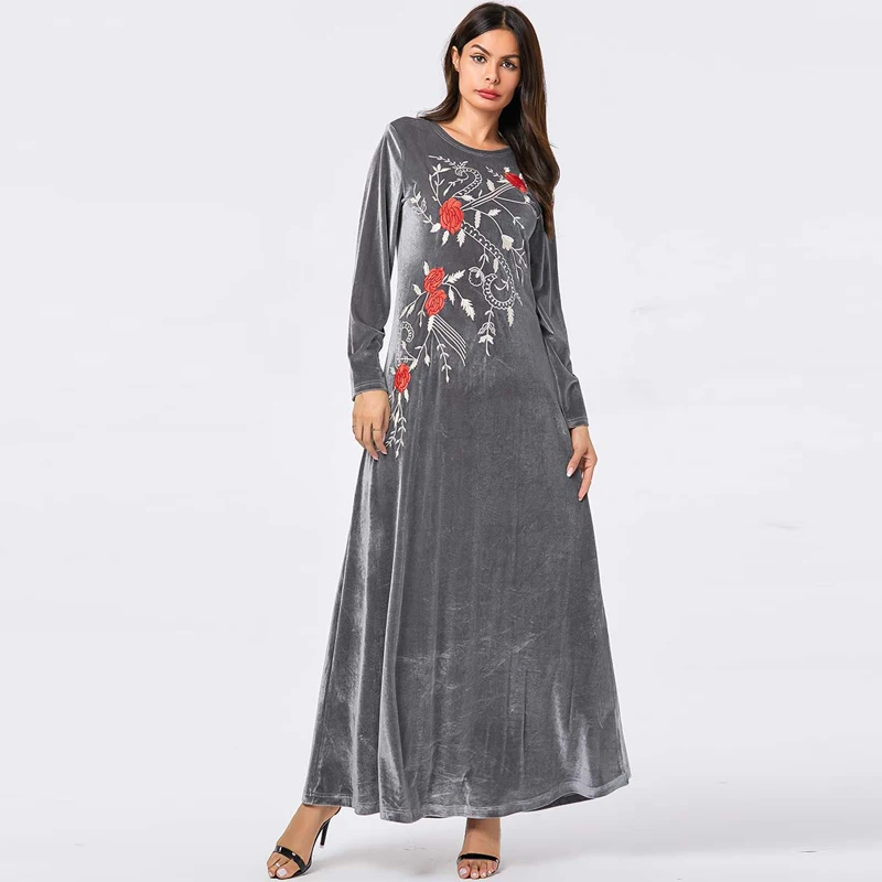 gray dres Бархат абайя Кафтан Дубай мусульманское платье турецкая исламская одежда Абая для женщин платья ХИДЖАБ КАФТАН Elbise халат Djelaba Femme - Цвет: gray dres