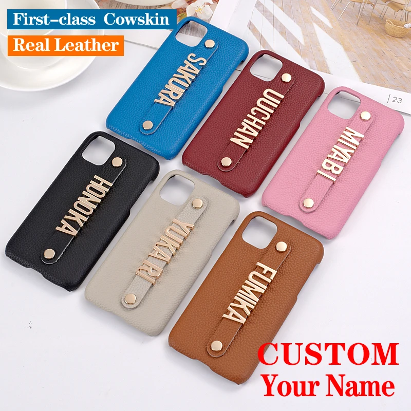 Holding Strap Metal Personalization Your Name Pebble Grain  Leather Genuine For iPhone 12 11 Pro Max X XS XR  7 8 7Plus 8Plus