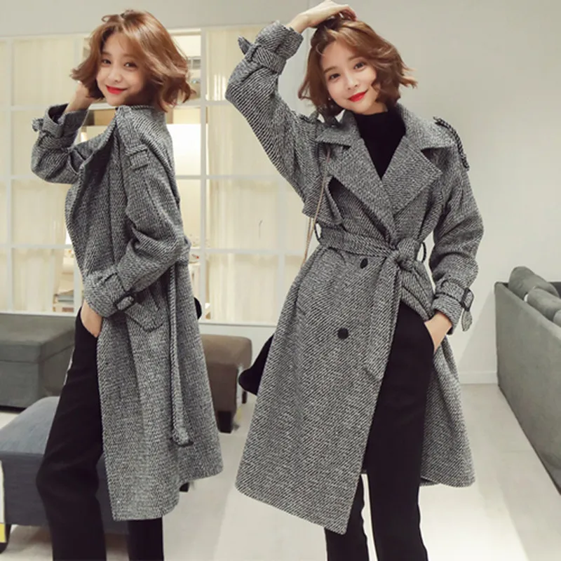 Осенне-зимнее женское длинное шерстяное пальто высокого качества, элегантное женское двубортное пальто с воротником и отворотом, твидовая плотная шерстяная верхняя одежда