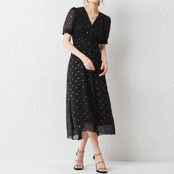 

Women's Black Mesh Midi Dress Short Sleeve V Neck Red Heart Printed Spring Summer Ladies Slim Long Dresses 2020 New