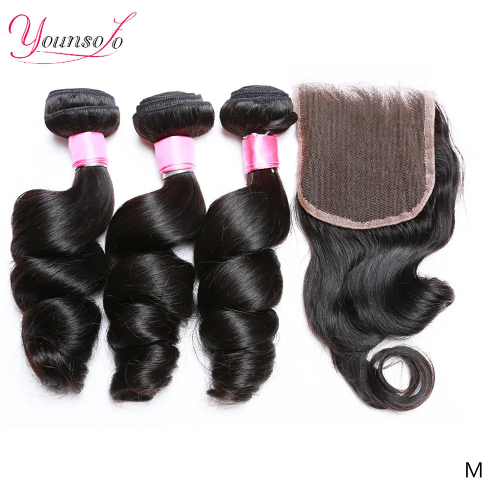 Younsolo-extensiones de pelo ondulado brasileño con cierre, cabello humano no Remy, 3 mechones con cierre