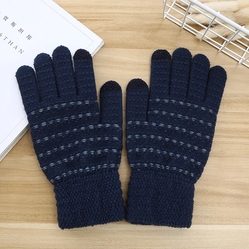 navy blue Зимние осенние мужские вязаные перчатки с сенсорным экраном высокого качества мужские утепленные шерстяные кашемировые однотонные перчатки мужские варежки деловые - Цвет: navy blue