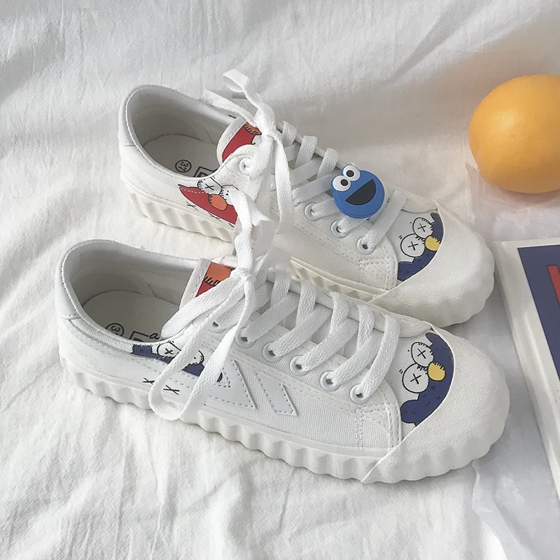 С героями «Улица Сезам» белые туфли ткань, туфли осенние ShoesStudent Женская Осенняя обувь Летняя обувь 2019; Узкие туфли; мужские кроссовки