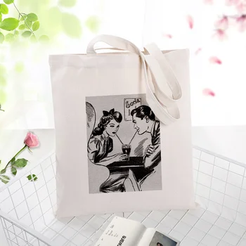 

Retro Pattern Canvas Tote Bag Shopping Bag Handbag Daily Use Text DIY Custom Print Logo Eco Reusable Recycle