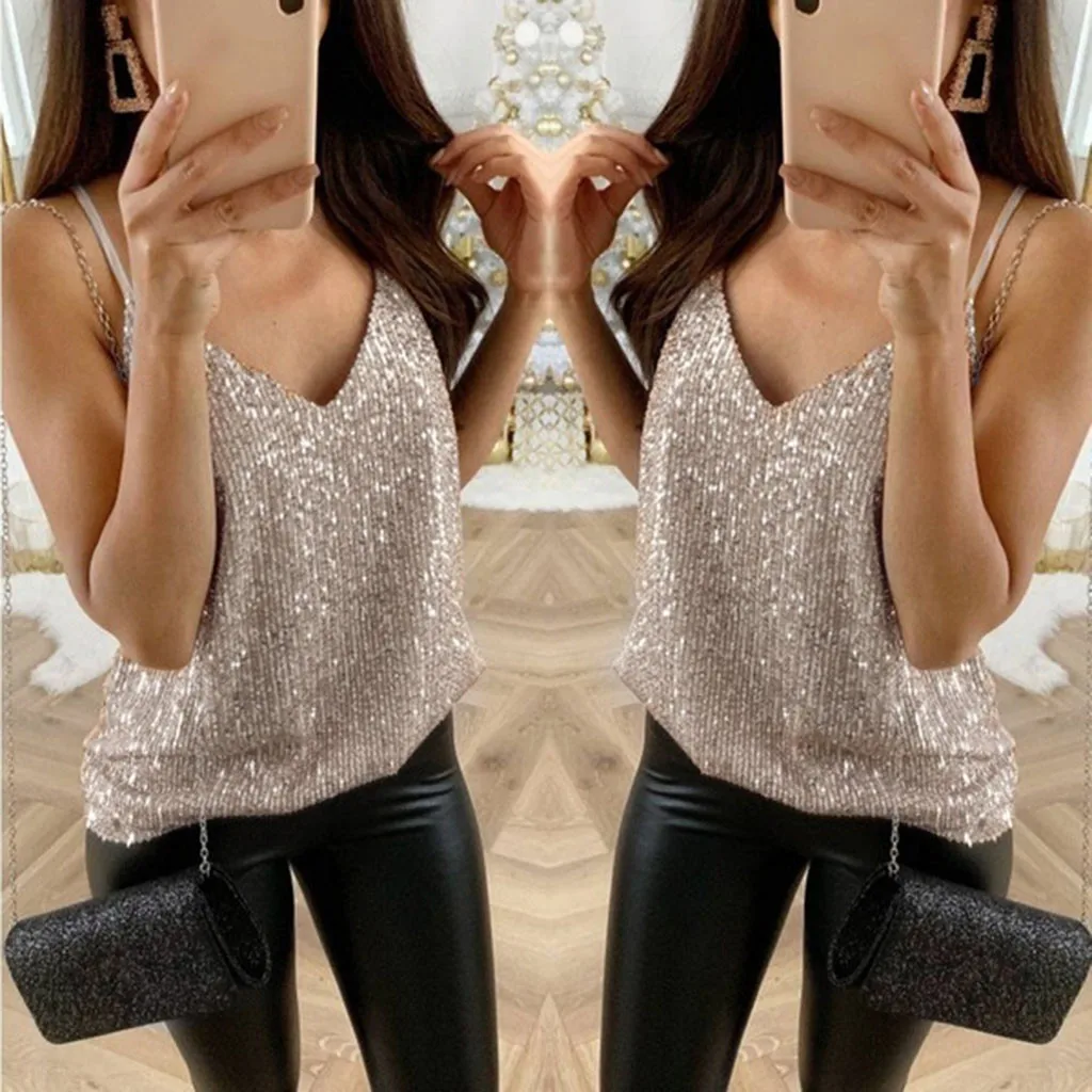 Sexy Womens tank top Sequin Glitter Strappy Tank Tops Plus Size 5XL Ladies Sparkle Camis v-neck Swing Vest party Clubwear