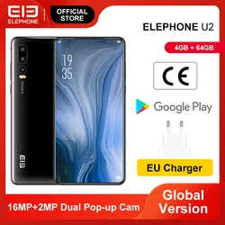 ELEPHONE U2 смартфон Helio P70, Восьмиядерный, 4 Гб 64 ГБ, 16 Мп, всплывающая фронтальная камера 6,26 дюйм, FHD + экран, боковой отпечаток пальца, Android 9,0